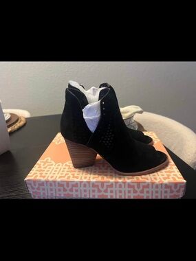 Gianni Bini Black Suede Cutout Ankle Booties with Stacked Wood Heel